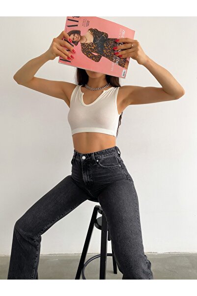 laughs Women's Ecru V-Neck Thick Strap Collar Detailed Six-Elastic Camisole Crop Blouse Blz8832