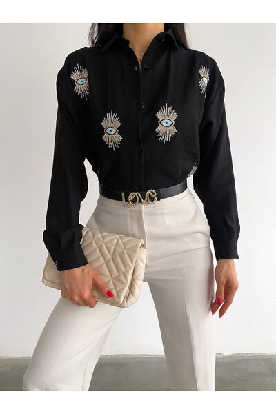 laughs Γυναικείο μαύρο μακρυμάνικο πουκάμισο με κέντημα με μάτια, φαρδιά κοπή, υπερμεγέθη από ύφασμα Aerobin De7788