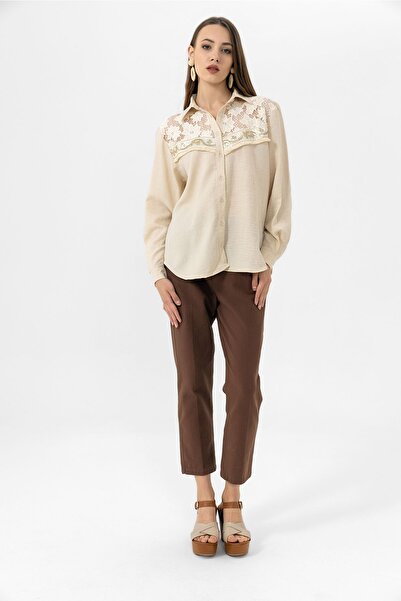 EtkiModa Γυναικείο λινό πουκάμισο από τούλι με κέντημα στο στήθος