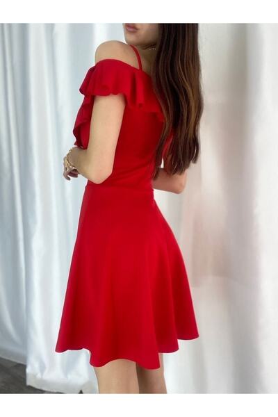 Secret Passion Lingerie Rochie de seară mini roșie - detaliu cu volan, țesătură creponată elastică, rochie de seară evazată cu bretele subțiri 077