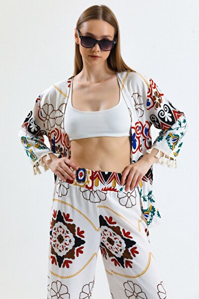 MD trend Women's Ecru Floral Patterned Wide Leg Linen Trousers Kimono Set