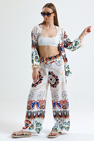 MD trend Women's Ecru Floral Patterned Wide Leg Linen Trousers Kimono Set