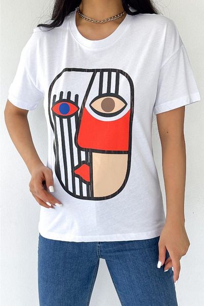 FEMELLE Tricou din bumbac imprimat cu decolteu rotund