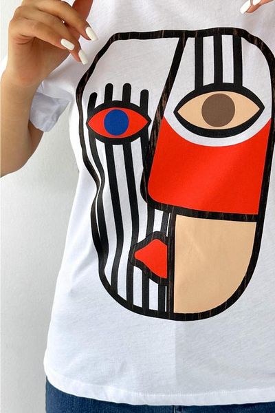FEMELLE Tricou din bumbac imprimat cu decolteu rotund