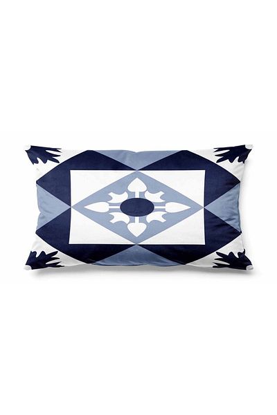 Pilloveland Husă de pernă din piele intoarsă, dreptunghiulară, albastră, cu model din ceramică