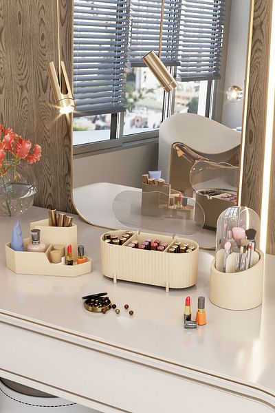DOVİHOME Aqua Makeup Organizer and Cosmetic Storage Box Organizer Set of 3 Cream
