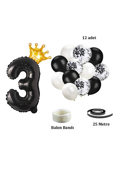 Patladı Gitti 3 Number Black Foil Balloon, King's Crown and Black Balloon Set with Confetti