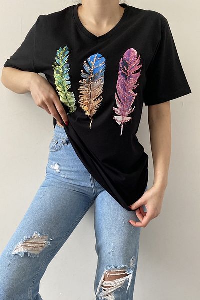 FEMELLE Tricou de damă, negru, cu decolteu în V, cu model de pene, brodat cu paiete, 100% bumbac