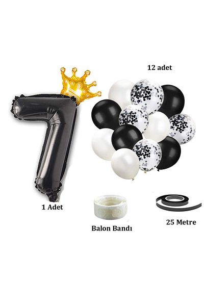 Patladı Gitti 7 Number Black Foil Balloon, King's Crown and Black Balloon Set with Confetti