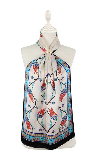 Bursa İpek Turquoise Black Row Tulip Silk Scarf