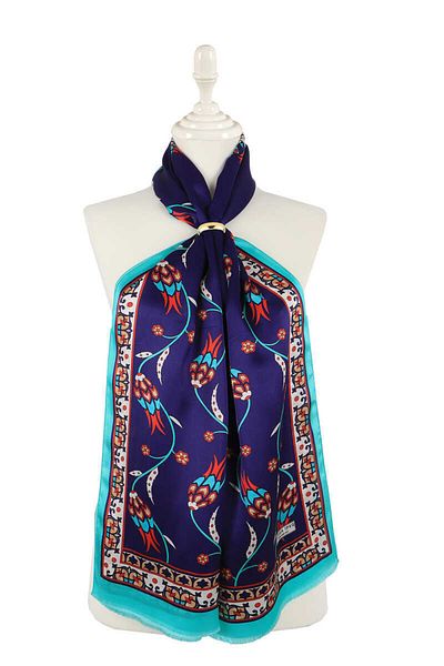 Bursa İpek Green Navy Blue Row Tulip Silk Scarf