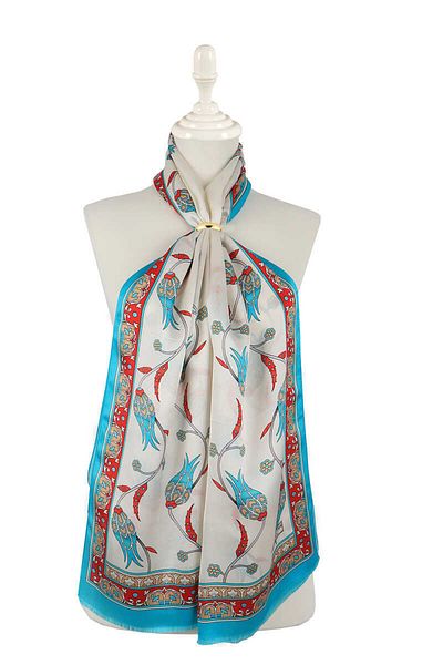 Bursa İpek Turquoise Ecru Sequence Tulip Silk Scarf