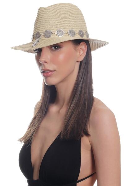 LABALABA Women's Antique Silver Plated Metal Belt Detailed Original Design Beige Color Straw Hat