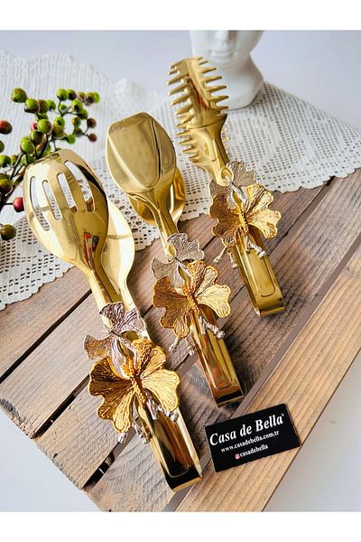 CASA DE BELLA Butterfly Figured Gold 3 Piece Tongs Service Set