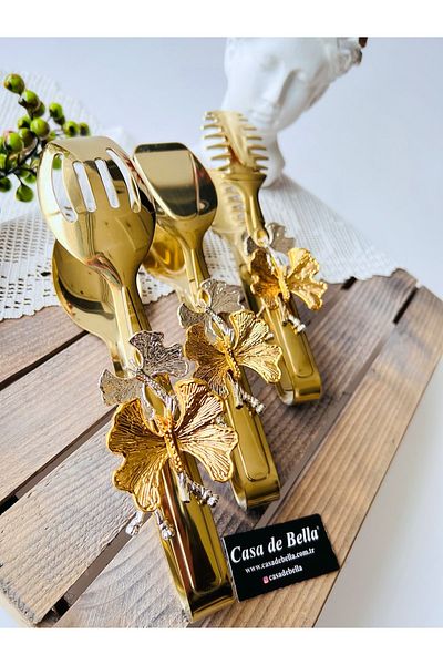 CASA DE BELLA Butterfly Figured Gold 3 Piece Tongs Service Set