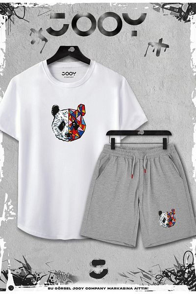 Jooy Company Λευκό μπλουζάκι 2 τεμαχίων Panda Printed Slim Fit - Σετ γκρι σορτς
