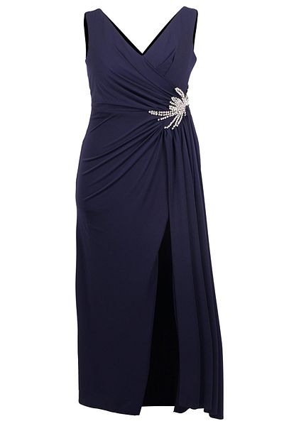 SpringStore Navy Blue Stoned Waist V-Neck Evening Dress