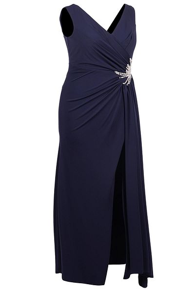 SpringStore Navy Blue Stoned Waist V-Neck Evening Dress
