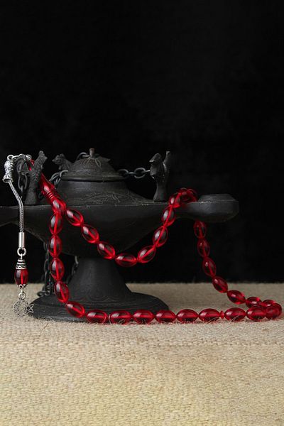 Diriliş Takı Red Squeezed Amber Prayer Beads with Moon and Star Tassels