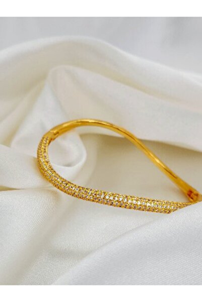 Eva Takı Store 316 L S Şeklinde Zirkon Taşlı Çelik Altın Kaplama Gold Kelepçe