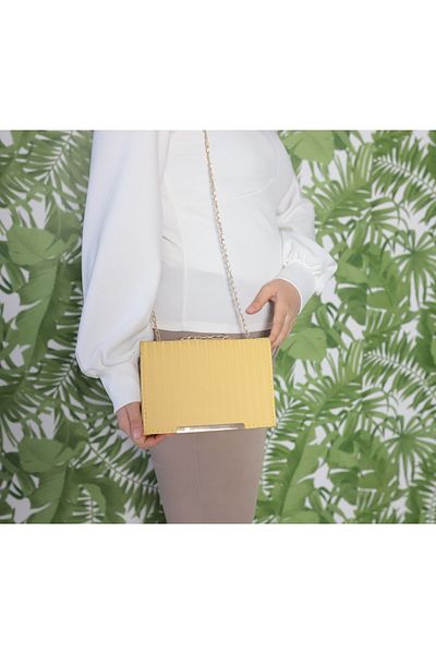 Elentra Κίτρινη βραδινή τσάντα, Satin Look Gold Clip Clutch Bag, Okizero Chain Strap Γυναικεία βραδινή τσάντα