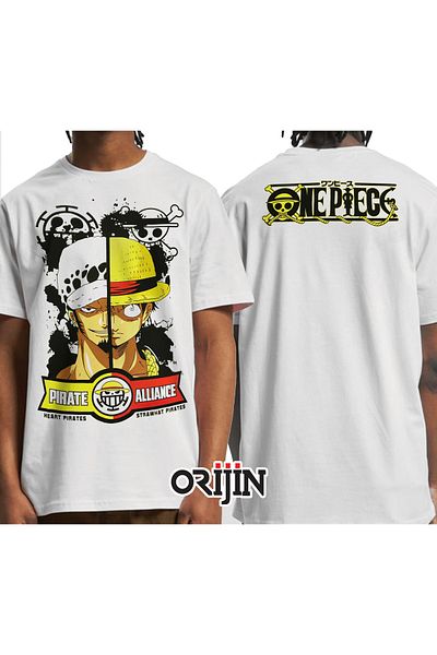 Orijin Tekstil One Piece Pirate Alliance Heart Pirates Strawhat Pirates Μπροστά πίσω με στάμπα Unisex Λευκό μπλουζάκι