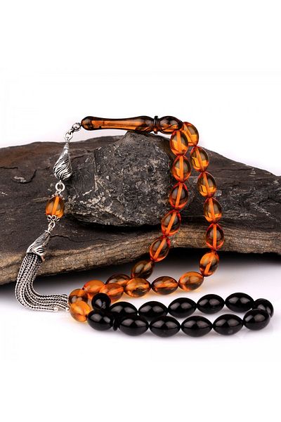 Diriliş Takı Yellow Black Color Silver Tasseled Fire Amber Rosary