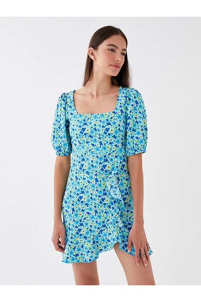 LC Waikiki Rochie de damă cu mâneci cu balon cu model casual, cu guler pătrat Lcw
