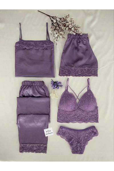 MH Moony Homewears 5 Piece Lavender Satin Pajama Set