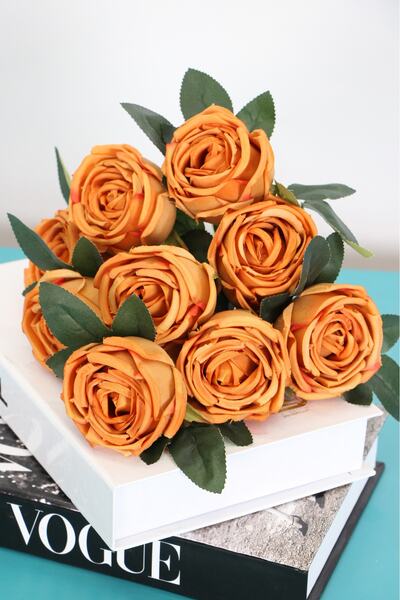 Yapay Çiçek Deposu Artificial Flower 9 Layer Rose Bunch 42 cm Brown-Orange