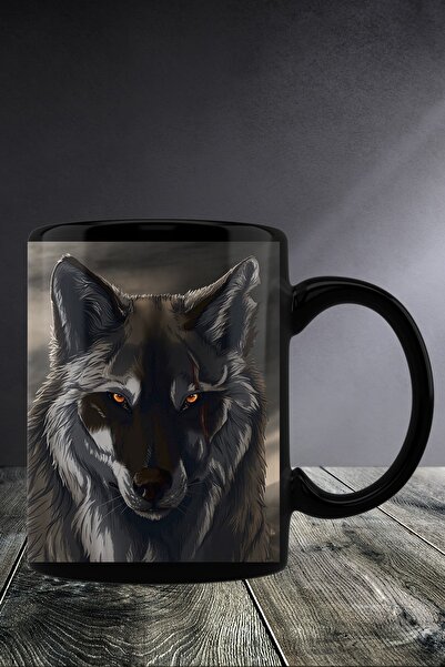 bymat كوب كوب أسود مع صورة الذئب