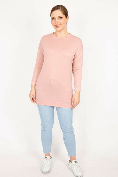 Şans Women's Large Size Pink Crew Neck Long Sleeve Viscose Blouse 65n29997