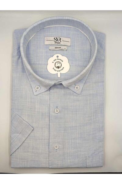 SÜVARİ Kısa Kol Bol Kesim Pamuklu Tek Cepli Özel Kalıp Klasik Gömlek Açık Mavi