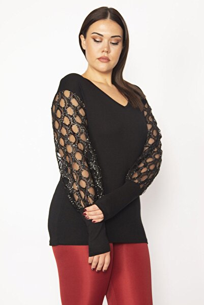 Şans Γυναικεία Μπλούζα Μεγάλου Μεγάλου Μαύρο Μανίκι Λεπτομερής Μπλούζα 65n19735