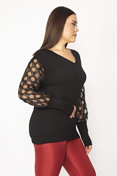 Şans Γυναικεία Μπλούζα Μεγάλου Μεγάλου Μαύρο Μανίκι Λεπτομερής Μπλούζα 65n19735