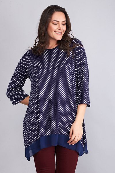 Şans Women's Large Size Navy Blue Polka Dot Pattern Chiffon Detailed Tunic 65n12265