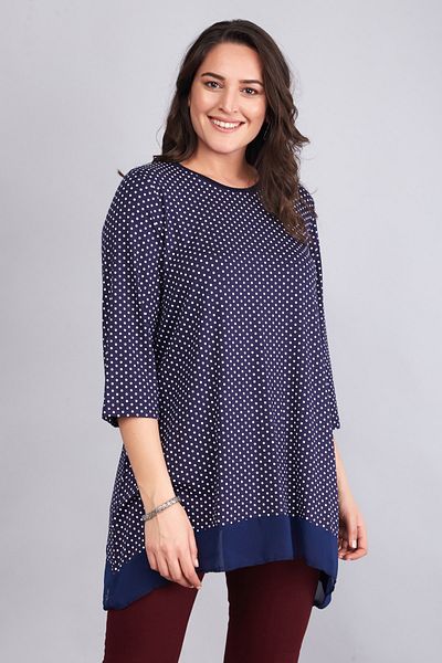 Şans Women's Large Size Navy Blue Polka Dot Pattern Chiffon Detailed Tunic 65n12265
