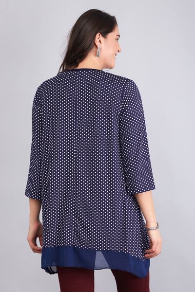 Şans Women's Large Size Navy Blue Polka Dot Pattern Chiffon Detailed Tunic 65n12265
