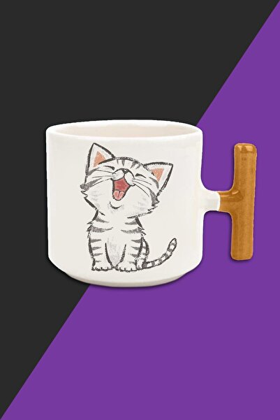 bymat Cute Cat - Cute Cat - Cream Color Latte Cup Mug - Yellow Handle Cup Mug