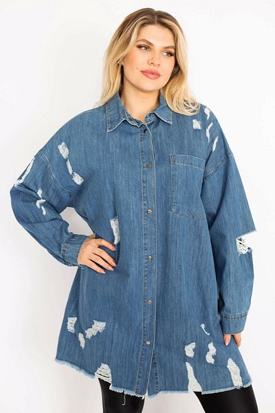Şans Jachetă tunică de denim supradimensionată pentru femei, de mărime mare, albastră ruptă, detaliată 65n28046