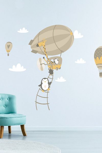 Sim Tasarım Penguins Airship And Air Balloons Wall Sticker Set - Sim747