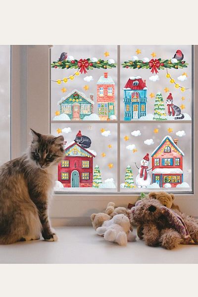 Sim Tasarım Christmas City with New Year's Cat New Year's Snowy City Glass Door Wall Sticker Set