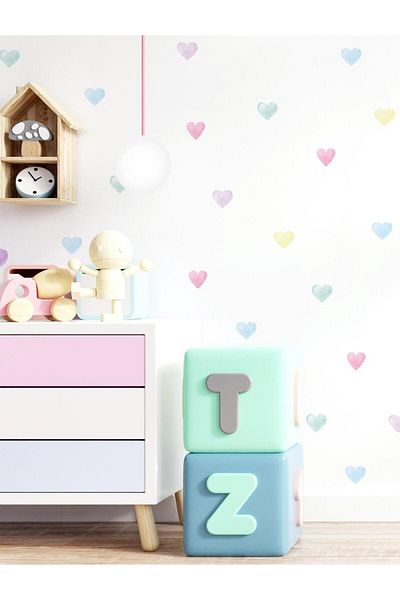 Sim Tasarım - Sim167 - Pastel Watercolor Hearts Wall Sticker Set Colorful