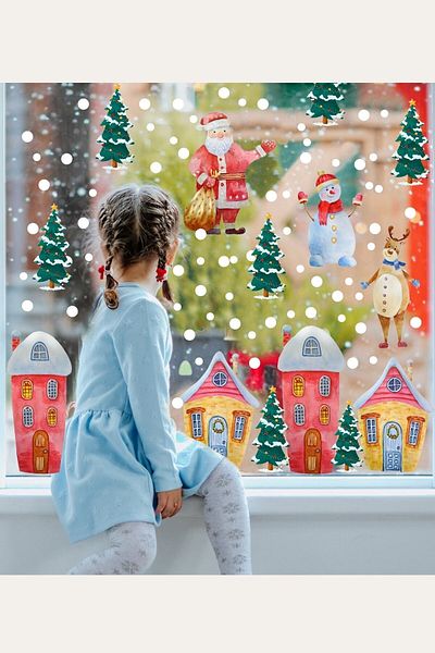 Sim Tasarım New Year's Snowy City New Year's Children's Room Glass Door Cabinet Decor Sticker Set - Sim786