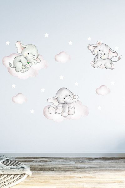 Sim Tasarım Cute Flying Elephants Wall Sticker Set