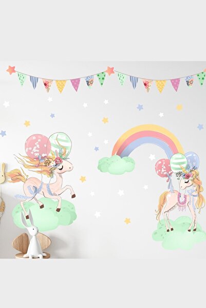 Sim Tasarım Rengarenk Ikili Unicorn Duvar Sticker Seti
