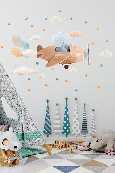 Sim Tasarım Curious Pilot Elephant Balloon Airplane and Clouds Kids Room Wall Sticker Set - Sim609