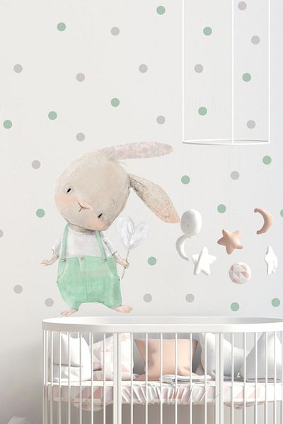 Sim Tasarım Cute Rabbit in Green Overalls and Polka Dots Kids Room Wall Sticker Set Sim633