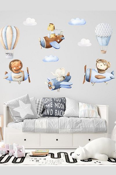 Sim Tasarım Four Friendly Pilot Bears Air Balloons And Clouds Kids Room Wall Sticker Set