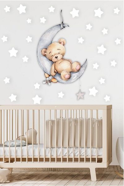 Sim Tasarım Cute Bear Sleeping on the Moon and White Stars Kids Baby Room Sticker Set